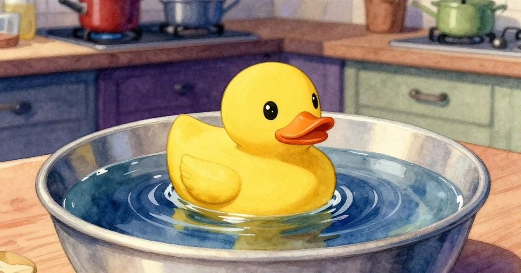 廚房水槽中，黃鴨子與水花翩翩舞動，水面反射出鴨子活潑神情，動作充滿活力