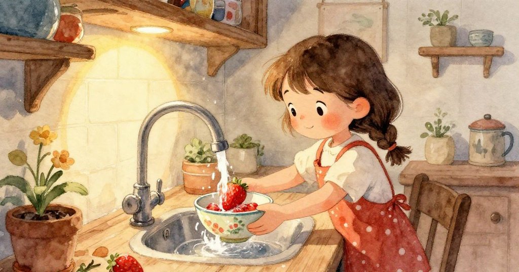 從上方俯瞰廚房檯面，水流灑落於柔軟布上，金屬湯匙滾動，場景生動展現物品互動與動態美感