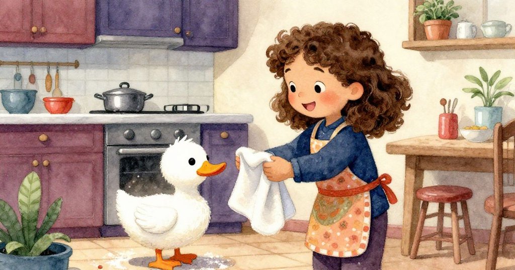 莉娜帶著輕鬆笑容握著毛巾阻擋水流，逗趣的麵粉鴨子呈現頑皮怪狀，場景充滿溫馨與幽默