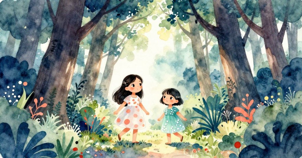 莉拉與瑪雅站在高大樹木構成的入口前，充滿期待地邁步進入光影交織的森林，臉上露出好奇微笑。