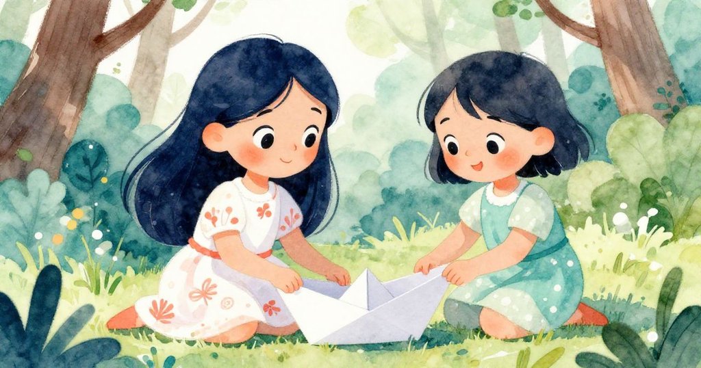 在傾斜的視角下，莉拉與瑪雅共同摺出紙船，專注而充滿創意的面容映出合作的樂趣與驚奇。