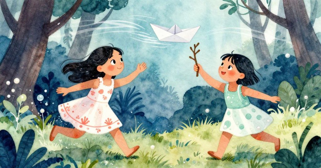 一陣輕風吹起紙船，莉拉在濕滑落葉上急奔，瑪雅迅速伸手取樹枝，場面充滿緊張而活力四射的氣氛。