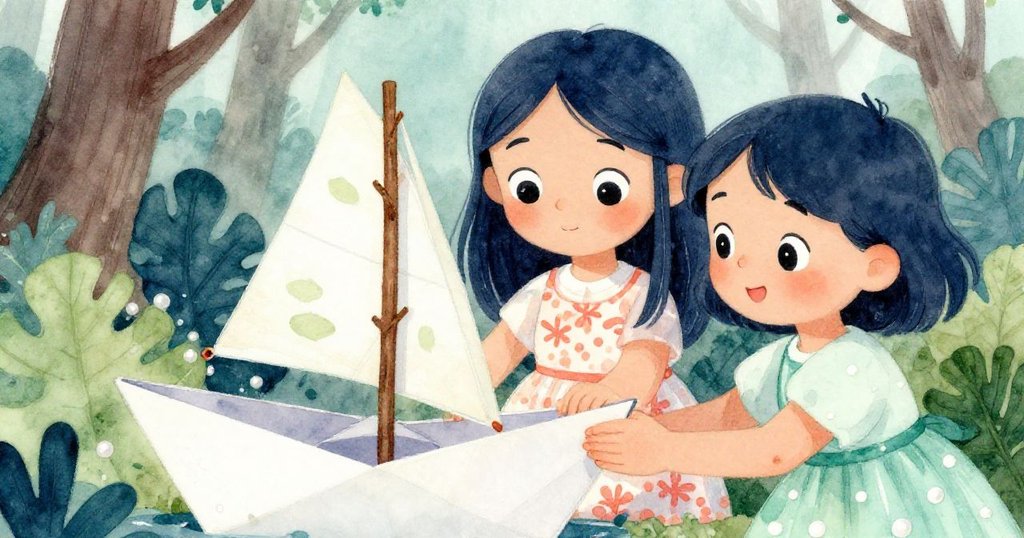 莉拉與瑪雅合力固定紙船，用樹枝做桅杆、樹葉作帆，臉上洋溢著快樂與默契，充滿童真的合作精神。