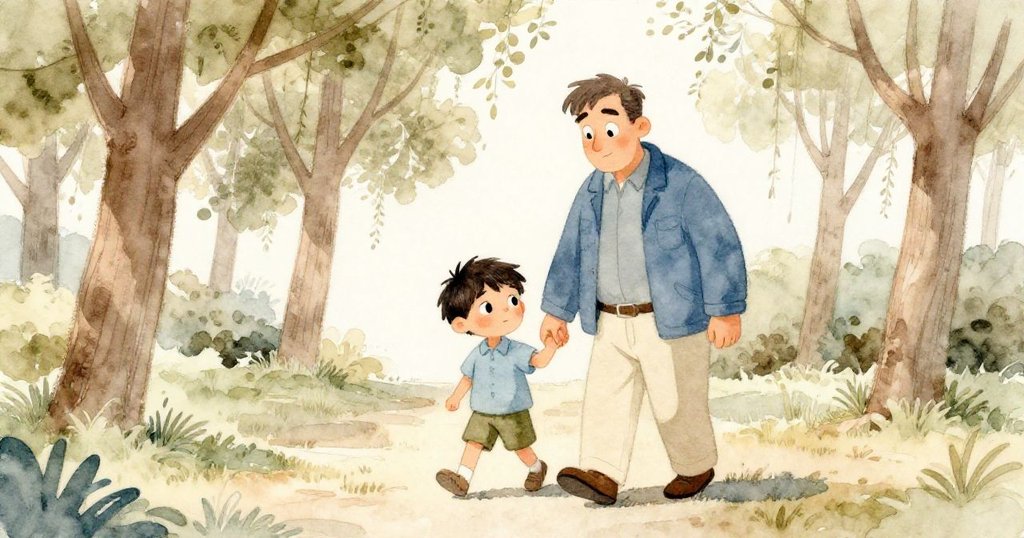 在涼爽的公園裡，Sam和叔叔漫步在樹影斑駁的林間小徑上，樹葉在微風中飄動，充滿溫暖期待。