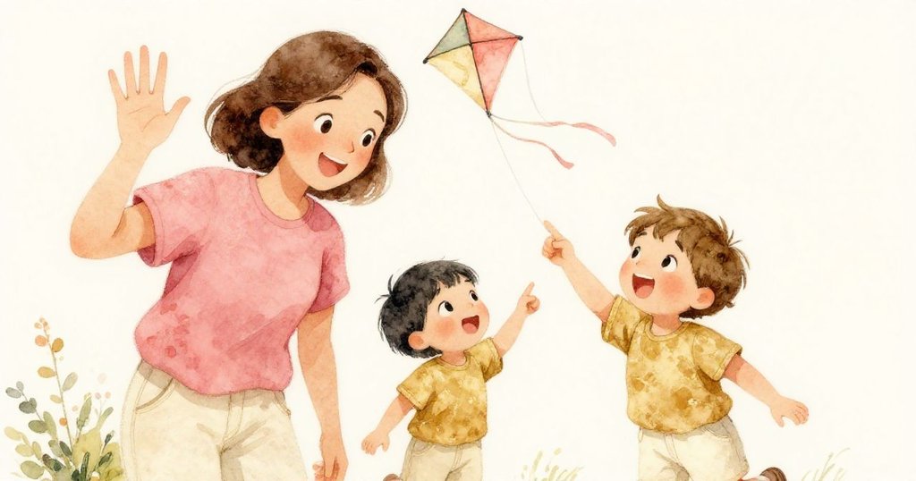 在陽光下，家長快樂地揮手，小孩充滿期待地指向空中，臉上洋溢著興奮和希望，展現溫馨場景。