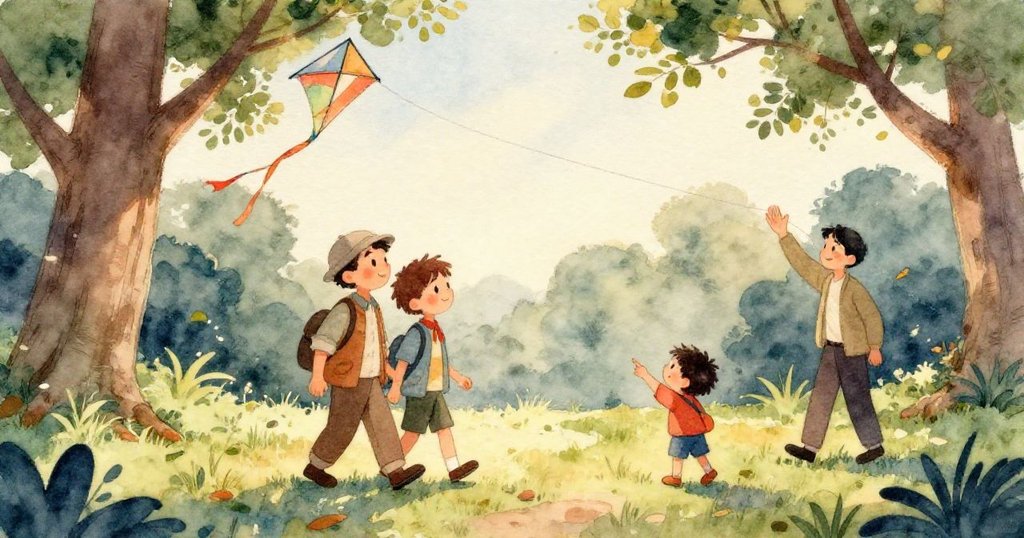 從一隻小動物的視角看樹枝上纏結的風箏，陽光穿透樹葉形成斑駁光影，充滿自然好奇與驚奇。