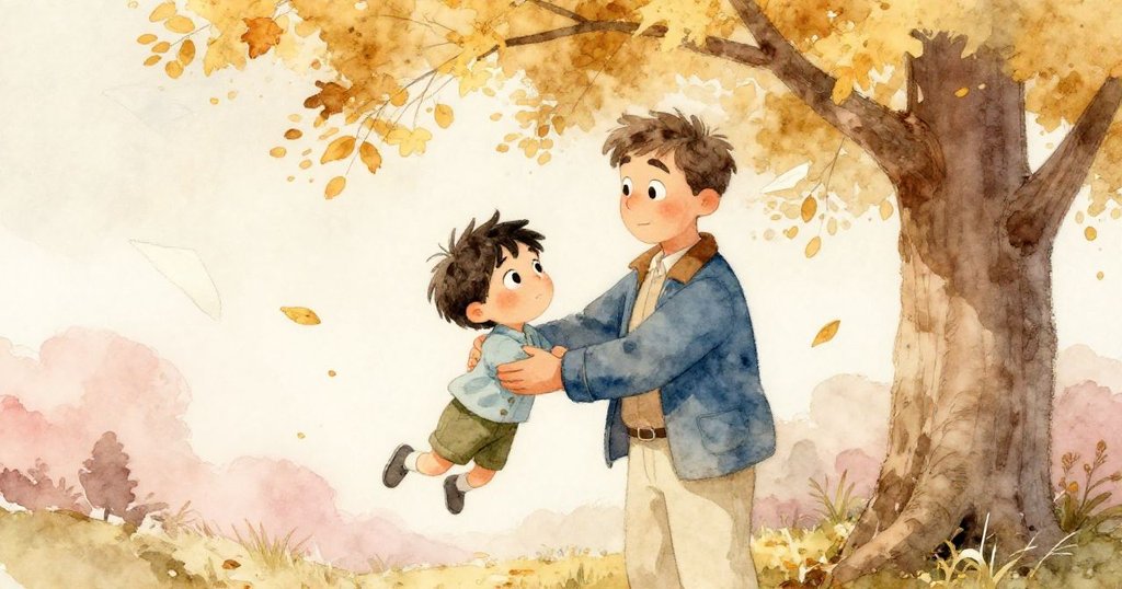 在秋意濃厚的樹下，Sam由叔叔扶持向上伸手觸碰風箏線，隨風飄揚的金紙與落葉營造溫馨動人景象。