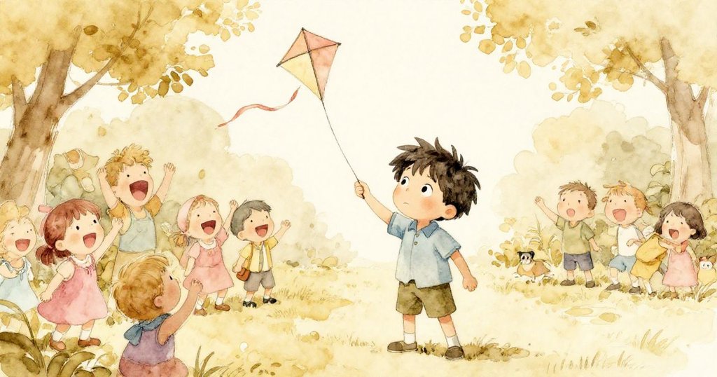 在公園裡的歡樂場景中，風箏輕輕落在Sam頭上，旁人和小孩紛紛歡笑，營造出愉快輕鬆的氛圍。