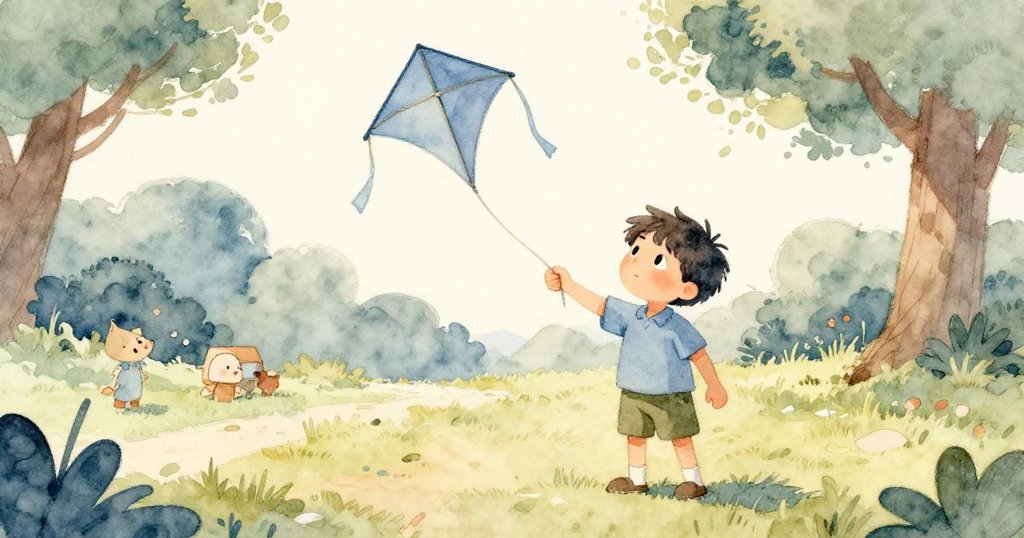 在靜謐的公園中，Sam平靜地將風箏交出，周圍樹枝靜止，夕陽餘暉中流露出一天冒險後的安詳與滿足。