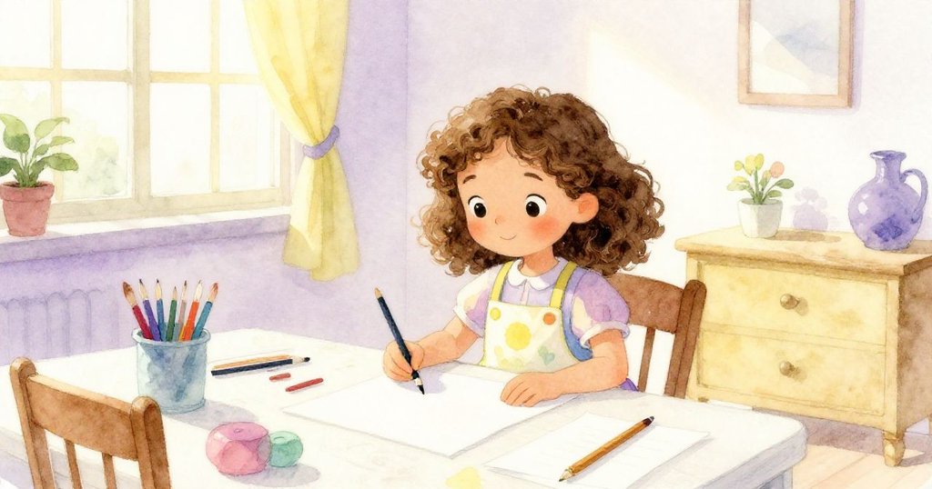 Lena在明亮房間中靜坐準備創作，桌上散落紙張與工具，整體氛圍溫馨寧靜，展現故事開端。