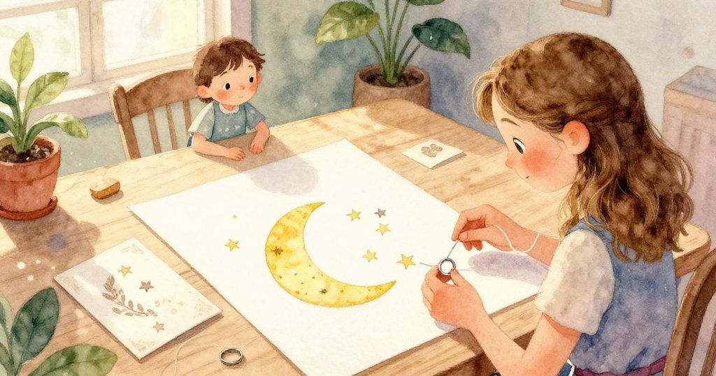 Lena仔細剪裁精緻的紙星與大月亮，手部動作細膩專注，畫面充滿創作魔法與暖意。