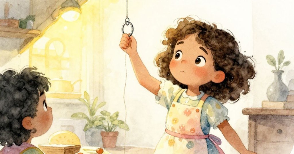 從低角度看見Lena充滿決心地穿線掛金屬戒，表情堅定且溫柔，家中溫暖光線映襯故事發展。