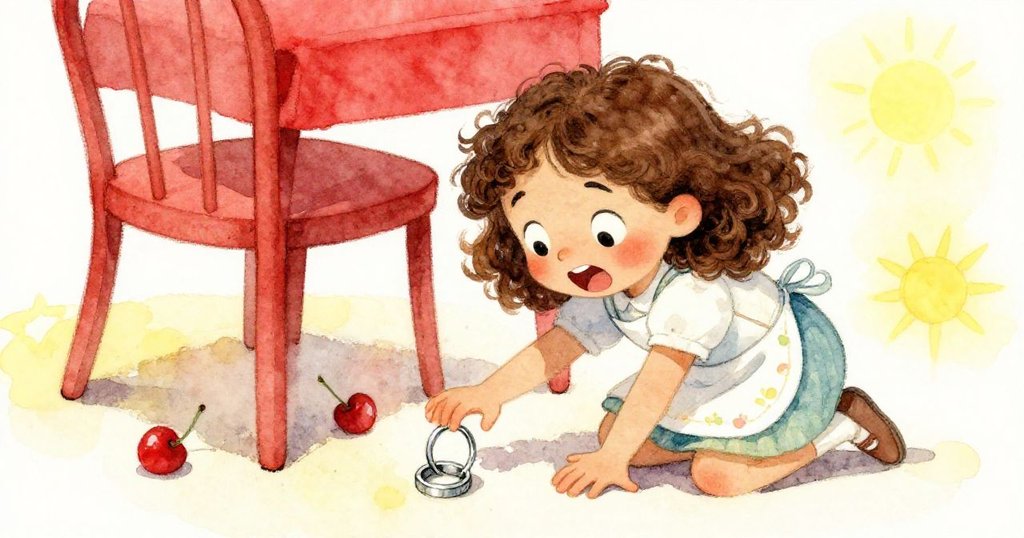 Lena緊急彎身在椅下尋找戒指，臉上既有焦慮又充滿決心，動態場景展現故事緊湊發展。