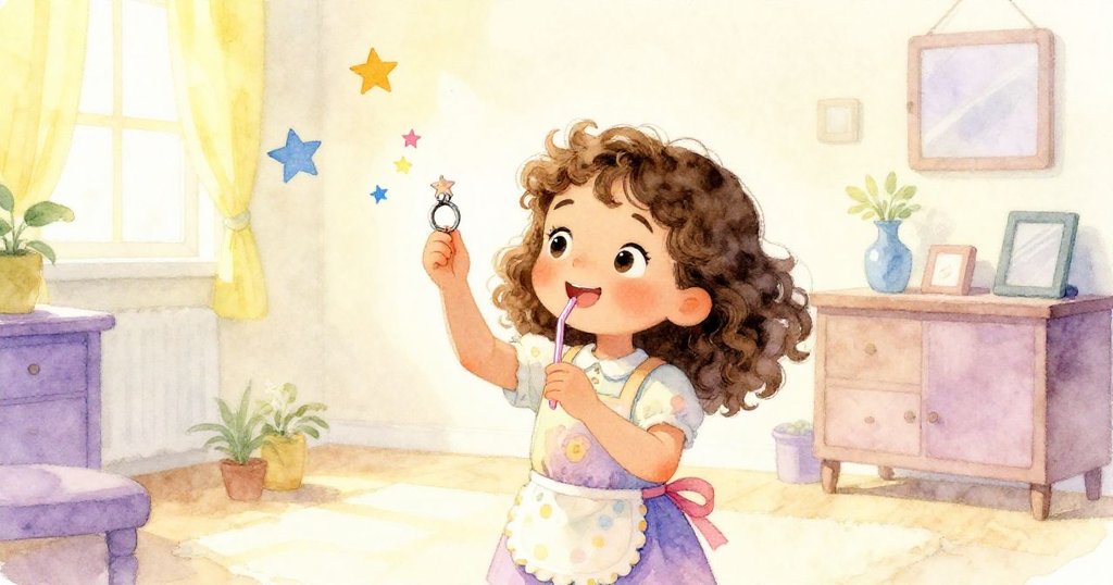 Lena用吸管成功掛起失落戒指，紙星輕輕飛舞，臉上流露出愉悅與平靜，故事圓滿落幕。