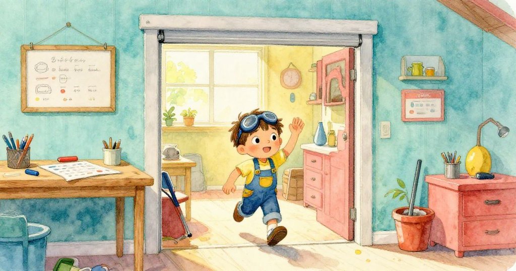 米洛走進明亮的車庫，手持作業紙和工具包，臉上充滿期待，溫柔午後陽光灑落進入室內，展現創作開始的情景。