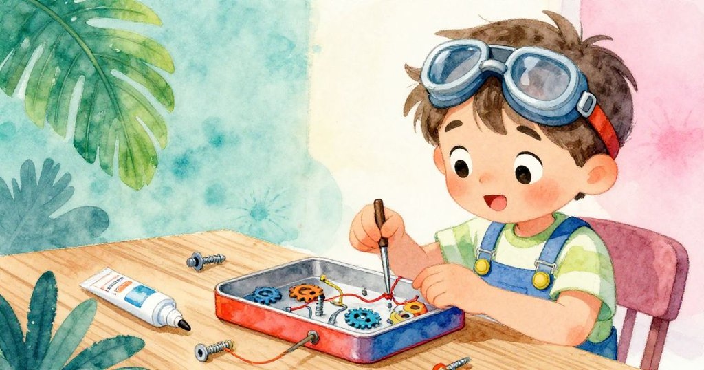 米洛專注地檢查桌上閃亮的工具箱，細節顯示螺絲、齒輪和意外推動的膠水管，手部動作生動，背景溫暖。