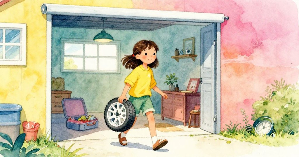 萊娜從打開的車庫門走入室內，手持露營包與備用塑膠輪，表情堅定，外面明亮的光線與室內溫暖交織，展現合作前奏。