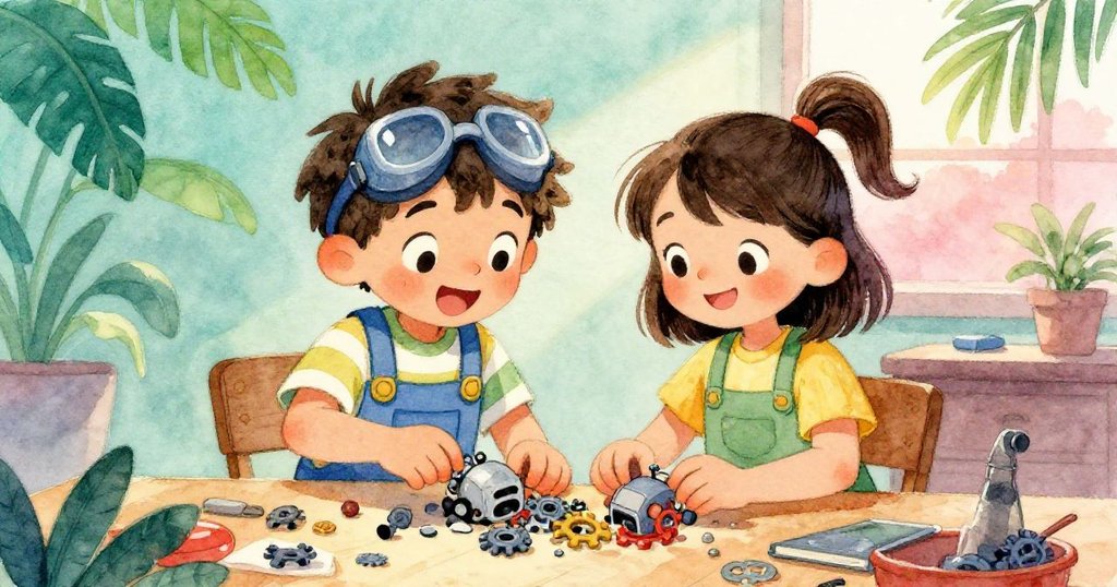 米洛與萊娜在工作台上合力尋找掉落的齒輪，表情由擔憂轉為喜悅，溫馨車庫背景中共同創造奇蹟的瞬間。