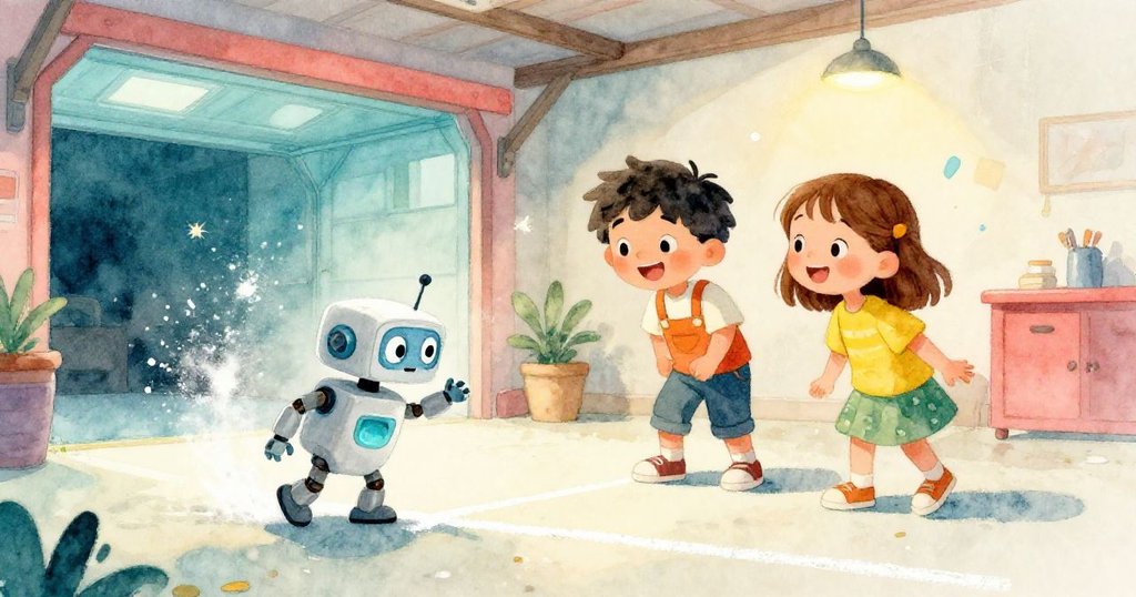 機器人啟動後畫出整齊粉筆線，米洛與萊娜在車庫中重聚，臉上洋溢著喜悅和釋然，展現努力成功的溫馨結局。