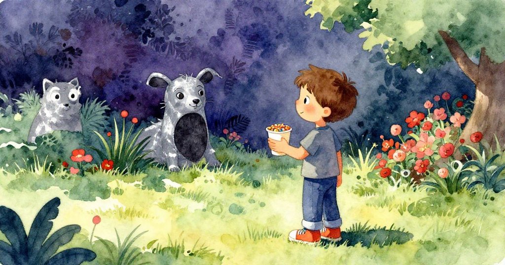 米洛舉著紙杯站在陽光照射的小花園中，臉上帶著期待與興奮，開始他科學演示的旅程。