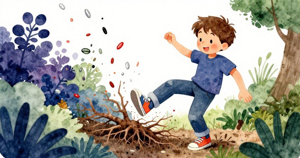 米洛不慎踢到伸出的根，臉上驚訝表情明顯，周遭散落色彩粒子飛揚，緊張與趣味交織。