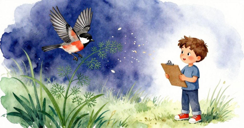 米洛舉著夾板阻止飛來的麻雀，花園中花瓣隨風起舞，活力十足表現出自然互動。