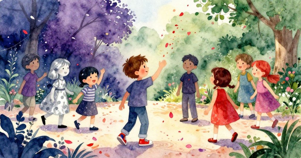 米洛與同學們在花瓣飛舞的小徑中歡笑，大家互動熱烈共享自然魔法般的奇妙時刻。