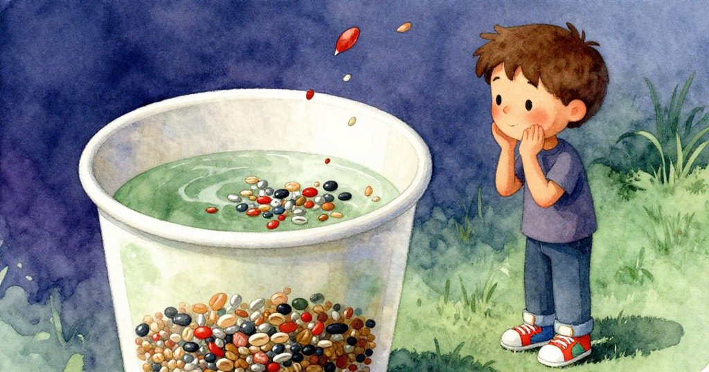 米洛檢查混合色粒的紙杯，光線映照下植物和花瓣象徵轉變，他滿懷自信踏向教室。