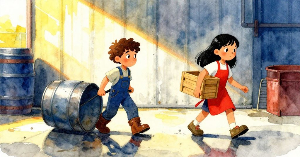 瑪可推著桶，阿雅搬著木箱，在工坊中並肩作業，陽光斑駁映出他們的影子，充滿合作與熱情。