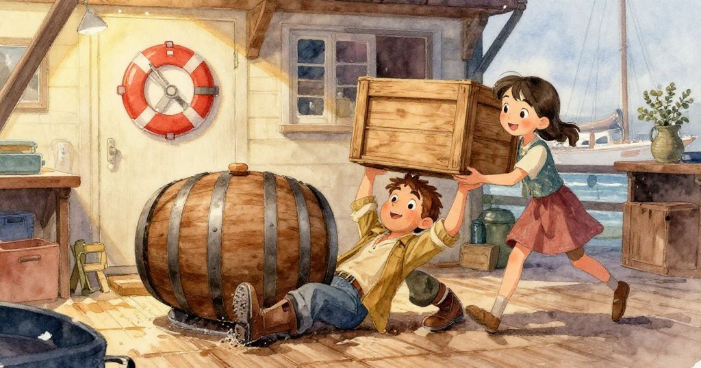 物件在超現實幾何空間中碰撞旋轉，橙色急救箱與救生筏漂浮交錯，呈現迷幻抽象的工作區景象。