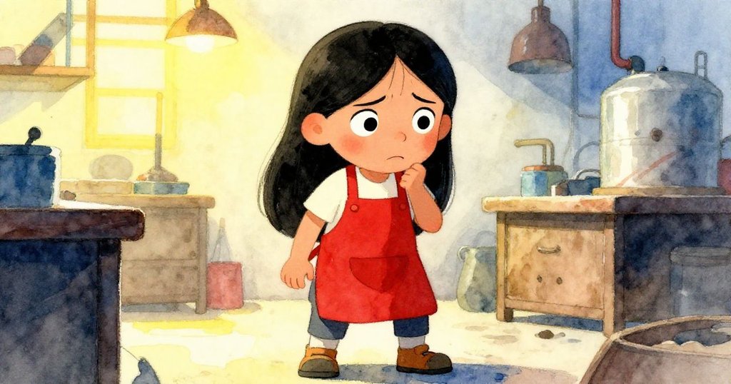 阿雅臉部特寫透露出驚恐與堅定，眼中閃現內心掙扎，她在工坊背景中準備面對混亂挑戰。