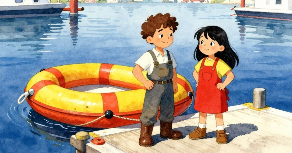 瑪可與阿雅於碼頭邊並肩站立，救生筏穩浮海面，兩人臉上滿是安寧與滿足，經歷風波後的靜謐時刻。