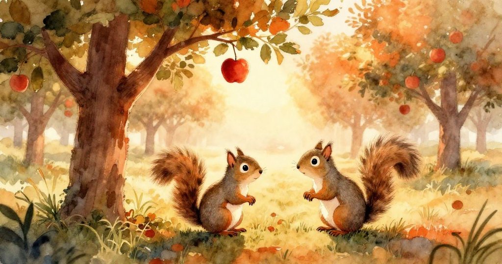 灰色松鼠在溫暖晨陽下靠近櫻桃般紅的蘋果，廣闊果園景色和柔和光線營造出溫馨自然氛圍。