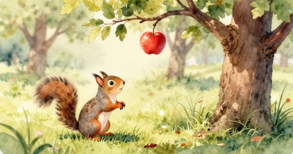 灰色松鼠專注地凝視紅蘋果，眼神中充滿好奇與期待，特寫捕捉其精緻表情與溫暖背景細節。