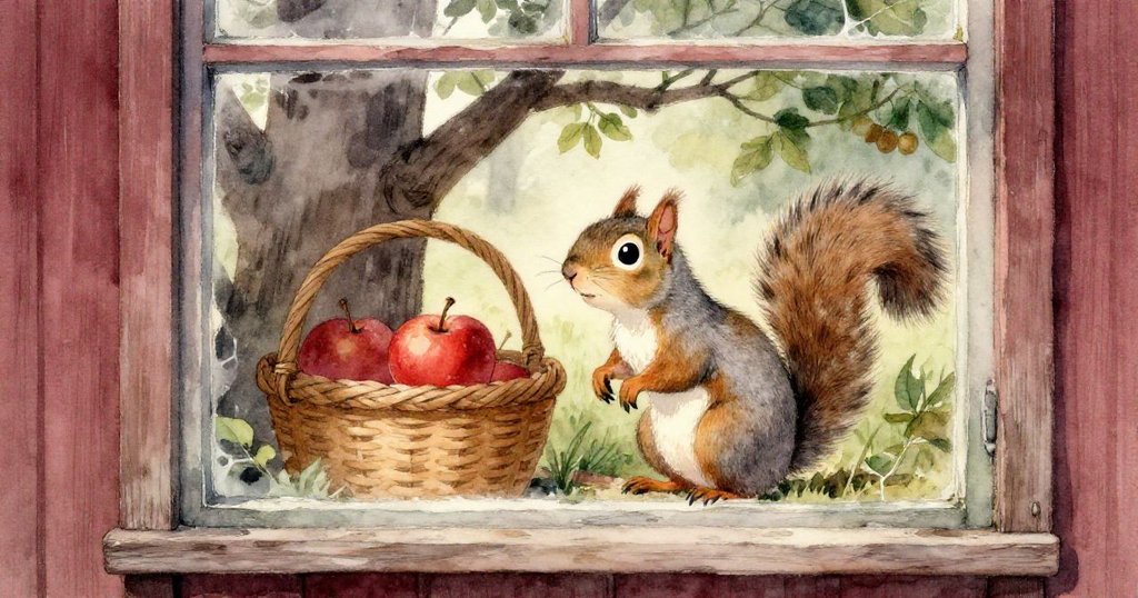 透過老舊窗戶看見灰色松鼠忙著在籃子旁設計巧妙計謀，背景展現溫馨懷舊的果園景致與柔和光影。