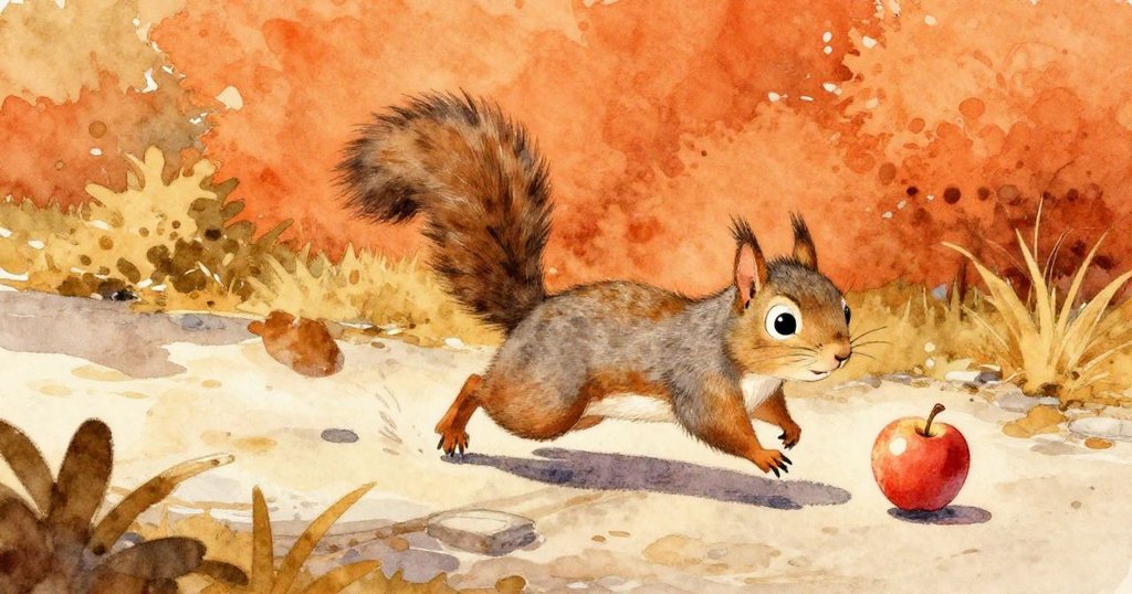 灰色松鼠在石徑上奮力追逐彈跳紅蘋果，動作生動迅速，低矮灌木與暖陽共同營造出活力十足的戶外場景。