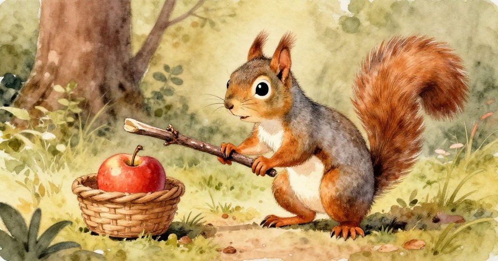 灰色松鼠專注地用細棍推動紅蘋果，動作緊張充滿挑戰感，展示了其聰明與毅力，背景自然細膩。