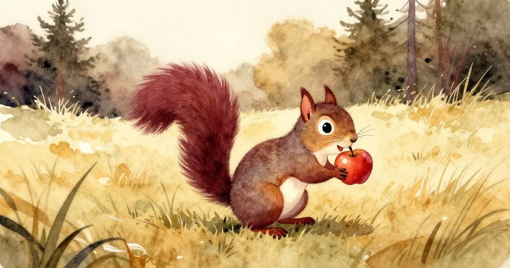 灰色松鼠含著紅蘋果快步離開開闊草地，環境中閉合的樹葉似在送別這段冒險，場景充滿溫馨與滿足感。