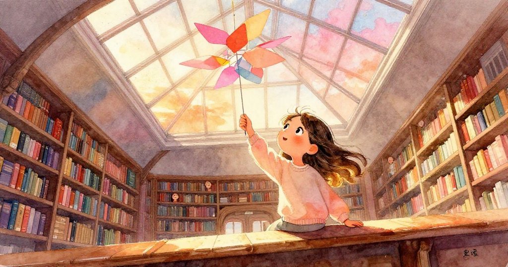 圖中Elise手持亮彩紙製風鈴，站在低木椅上，屋頂天窗透下暖陽，充滿期待，圖景展現故事開端。