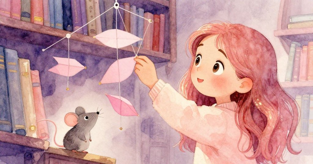 圖中從小動物視角看見Elise調整風鈴繩，旁邊有隻好奇的圖書館老鼠，細膩溫暖，講述細節之美。