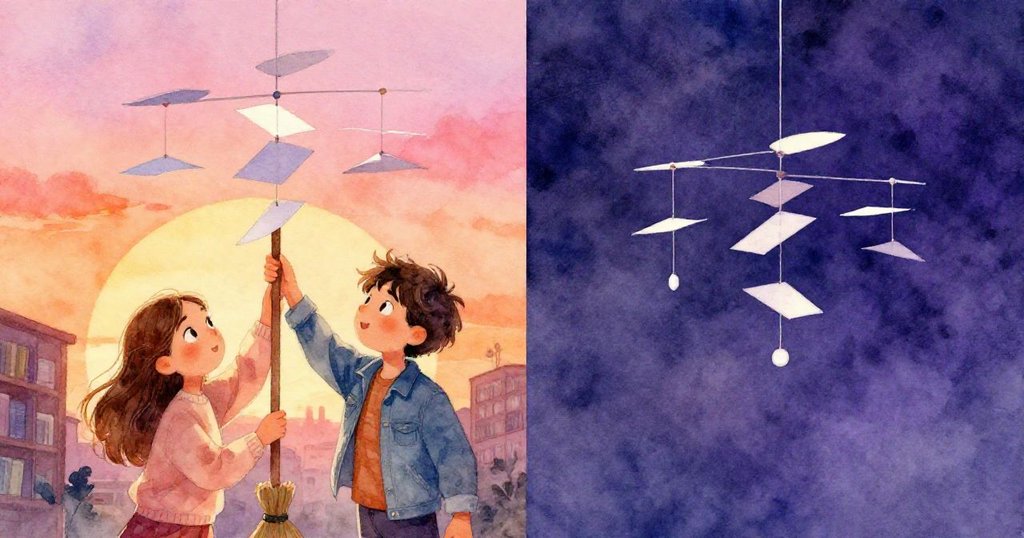 圖中畫面左右分隔，一邊Elise與Marco努力將風鈴固定，另一邊呈現理想中的完美懸掛，真實與幻想交織，故事高潮展現。