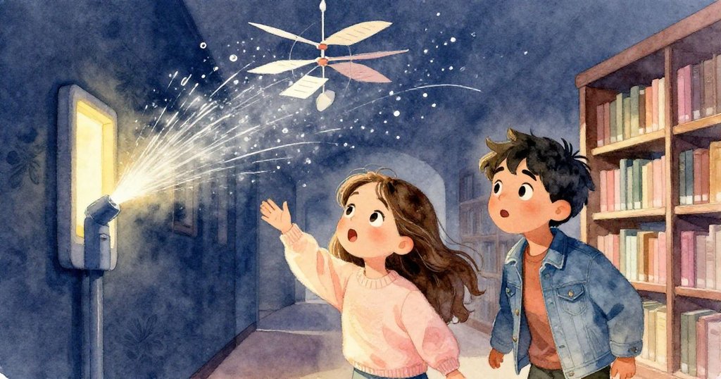 圖中Elise與Marco驚訝地看著突如其來的灑水器噴出細水滴，水滴形成動態軌跡，風鈴轉動中故事進入高潮。