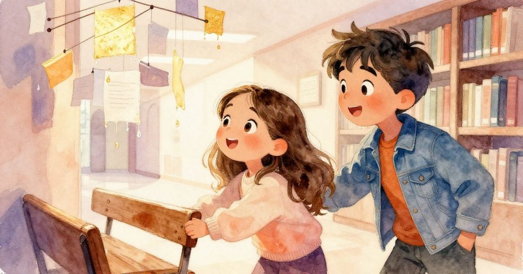 圖中Elise與Marco互送支持的微笑，移動椅子避開水滴落下的風鈴，背景溫暖柔和，故事解決後結尾情景。