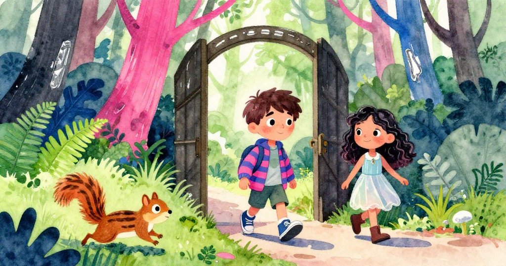 Sawyer與Lina在明亮森林入口處探險，一隻條紋松鼠從蕨叢奔出，充滿好奇與期待。