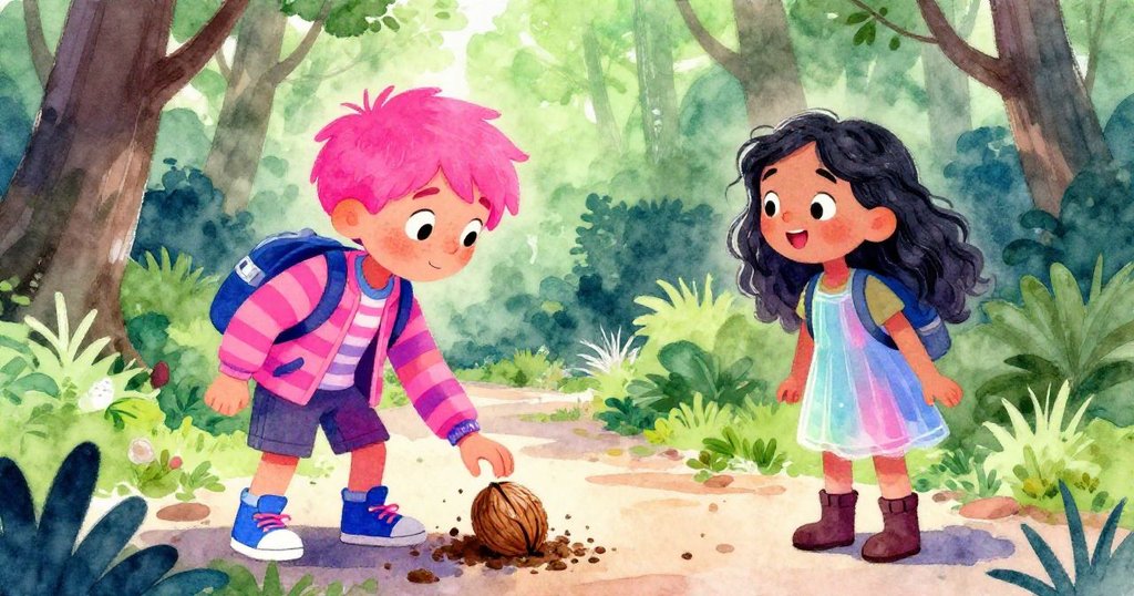 Sawyer撿起神秘物件，Lina驚訝注視，森林小徑映出物品與自然光的強烈對比。