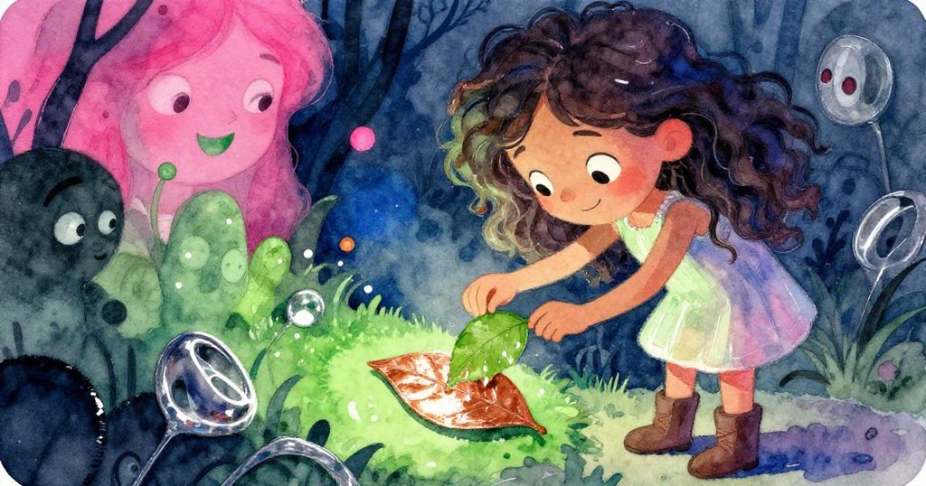 Lina細心用濕葉擦拭神秘物件，特寫展示露出銅光，臉上充滿好奇與決心。