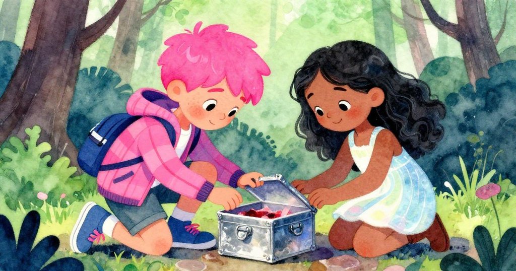 Sawyer與Lina膝行於濕潤石旁合力破解神秘盒子，手沾泥土，神情堅定而專注。