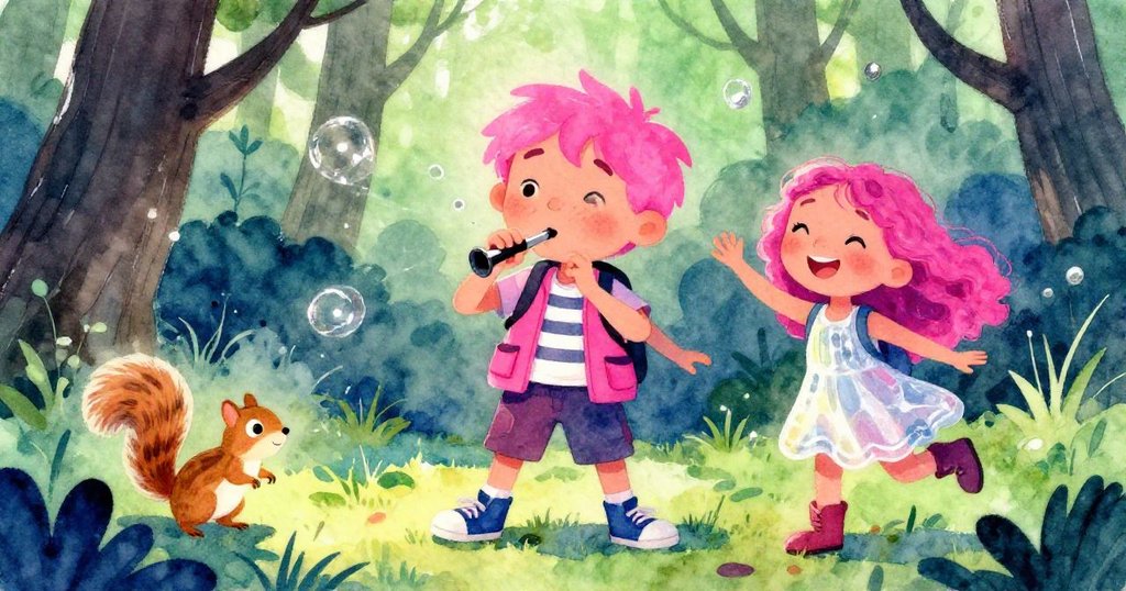 Sawyer吹奏小哨子，Lina滿臉喜悅，條紋松鼠隱現背景共慶神秘發現，森林氛圍歡樂溫暖。