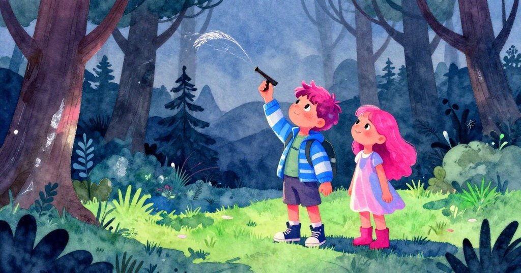 Sawyer在夕陽下舉哨向天空告別，Lina安靜陪伴，森林空地溫柔淡出一天奇幻探險。