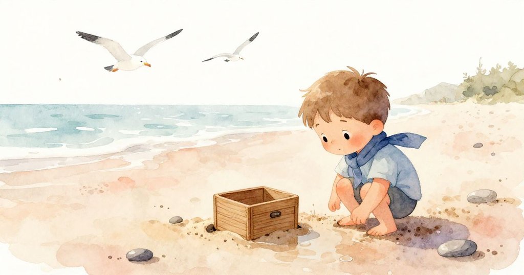 Leo彎腰好奇觀看半埋沙中的神秘木盒，背景有河石和海鷗，展現探索開始的期待與柔和晨光。